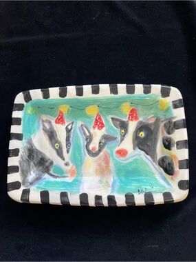 Handmade Ceramic Serving Rectangular Tray “ Badger Goat&Cow Design 12”x8”On Jade